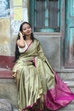 Green Pure Silk Saree with Purple Pallu