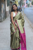 Green Pure Silk Saree with Purple Pallu