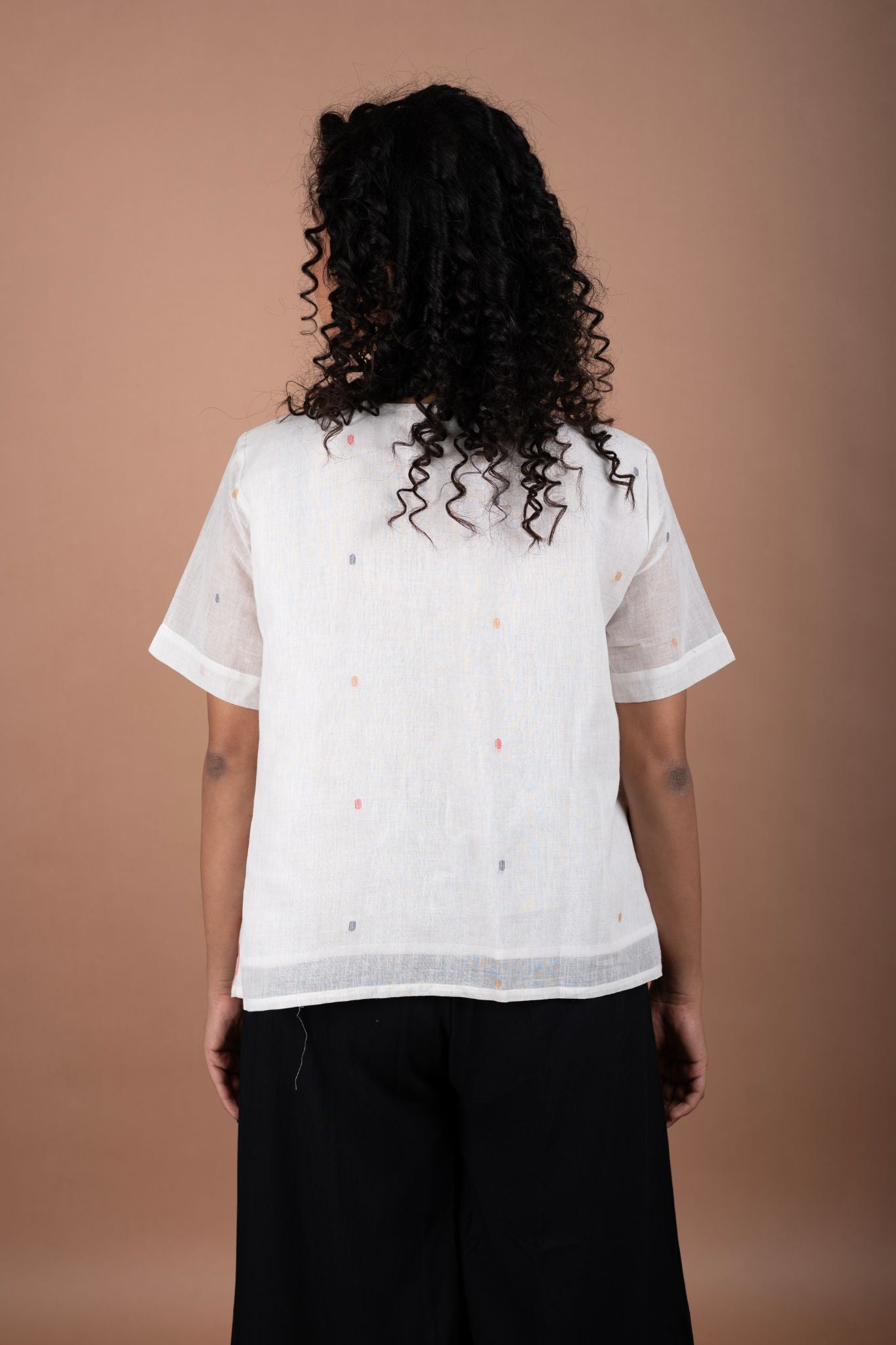 Off-White Jamdani Top – Scarce Red Motifs | Flared Silhouette