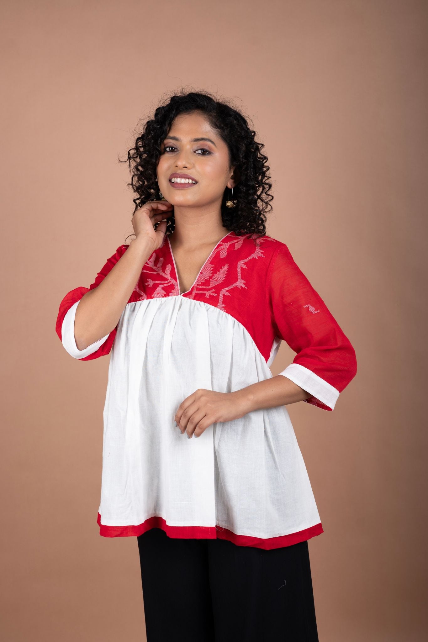 Off-White Handloom Cotton Top with Vibrant Red Jamdani Yoke