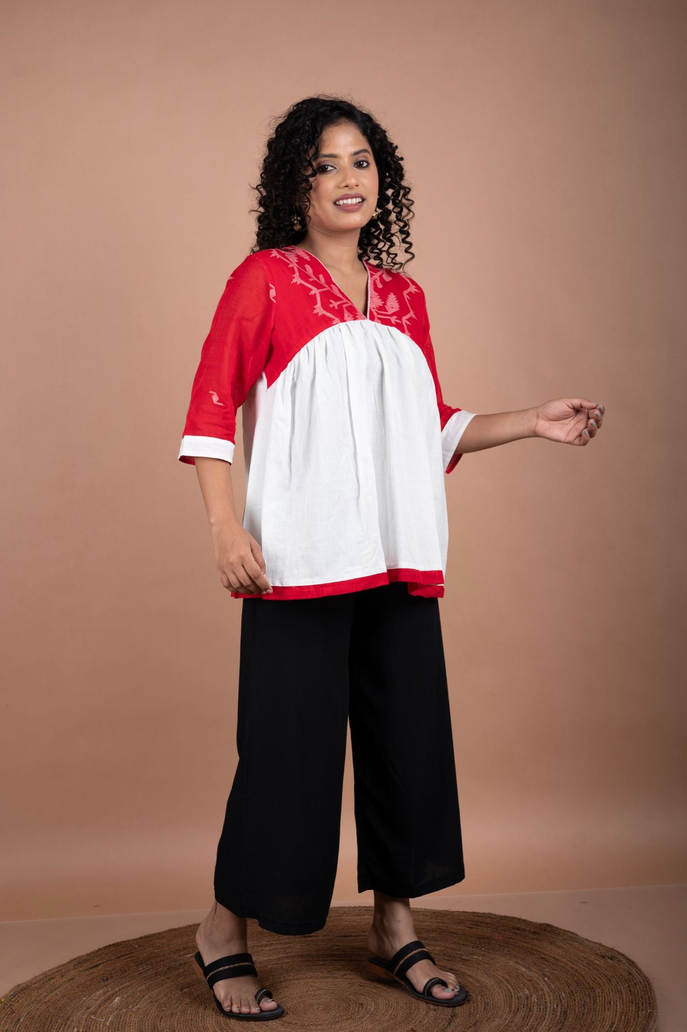 Off-White Handloom Cotton Top with Vibrant Red Jamdani Yoke