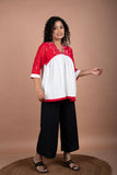 Off-White Handloom Cotton Top with Vibrant Red Jamdani Yoke