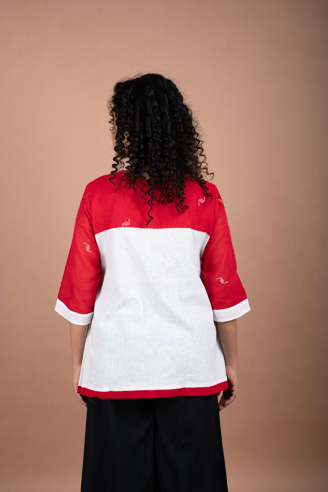 Off-White Handloom Cotton Top with Vibrant Red Jamdani Yoke