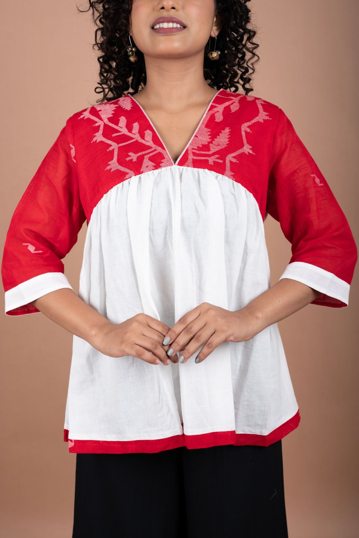 Off-White Handloom Cotton Top with Vibrant Red Jamdani Yoke