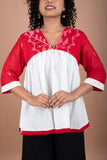Off-White Handloom Cotton Top with Vibrant Red Jamdani Yoke