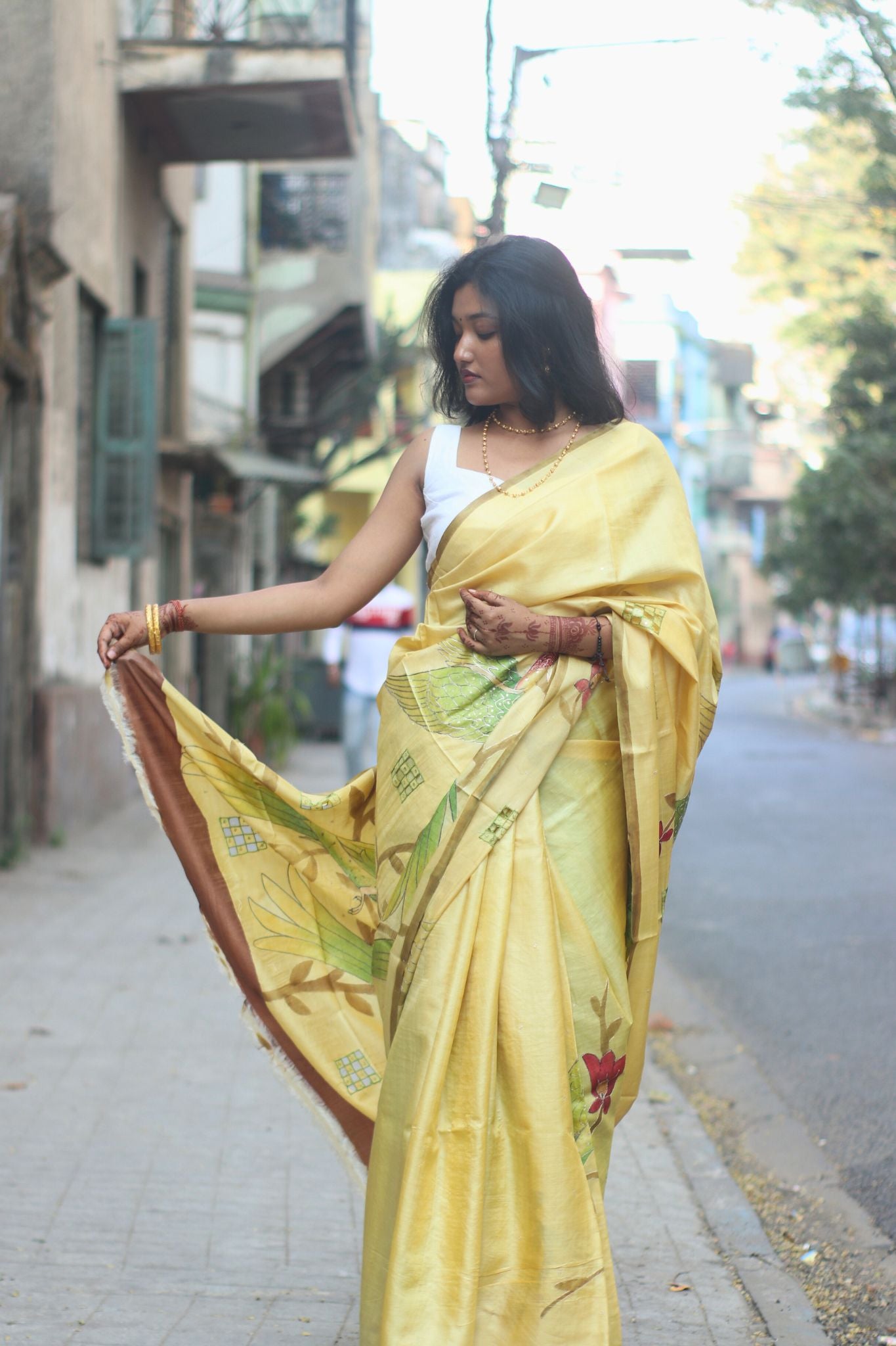 Yellow Hand Painted Silk Saree