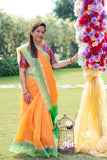Orange & Green Cotton Silk Saree