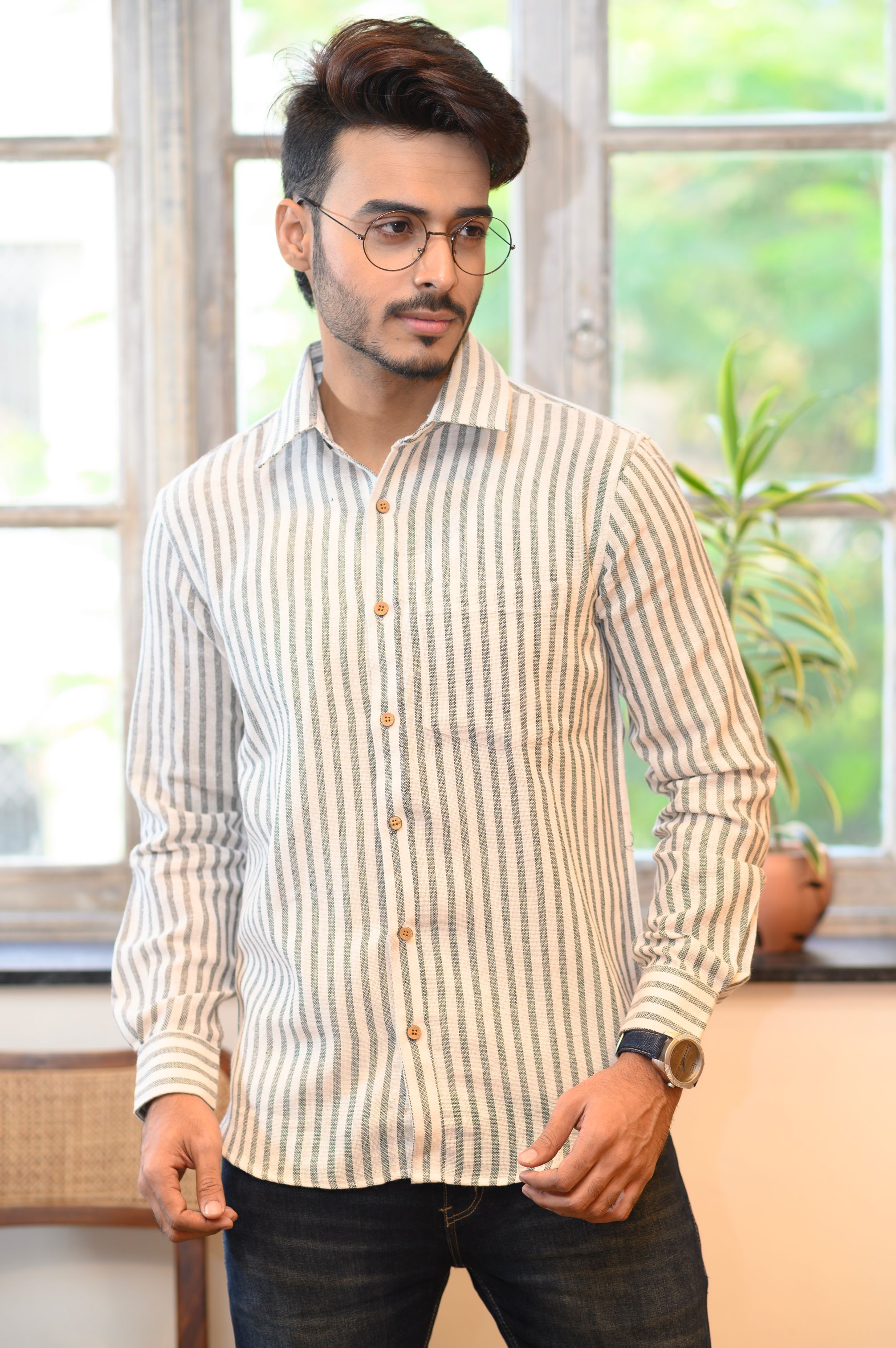 White & Grey Stripe Cotton Slim Shirt - NamegStore