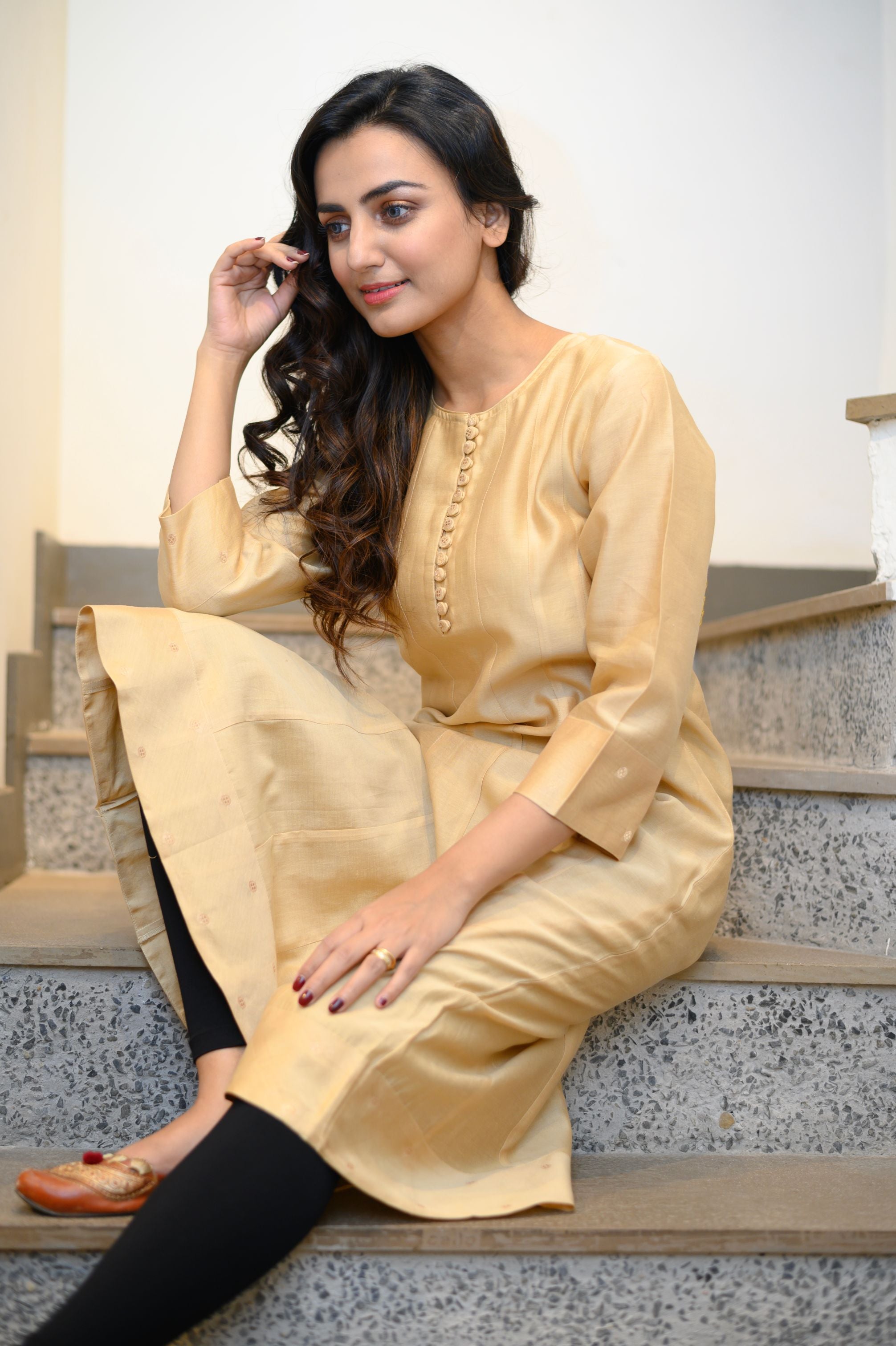 Plain Beige Chanderi Kurta - NamegStore