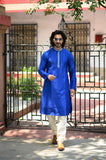 Royal Blue Men's Long Cotton Silk  Kurta