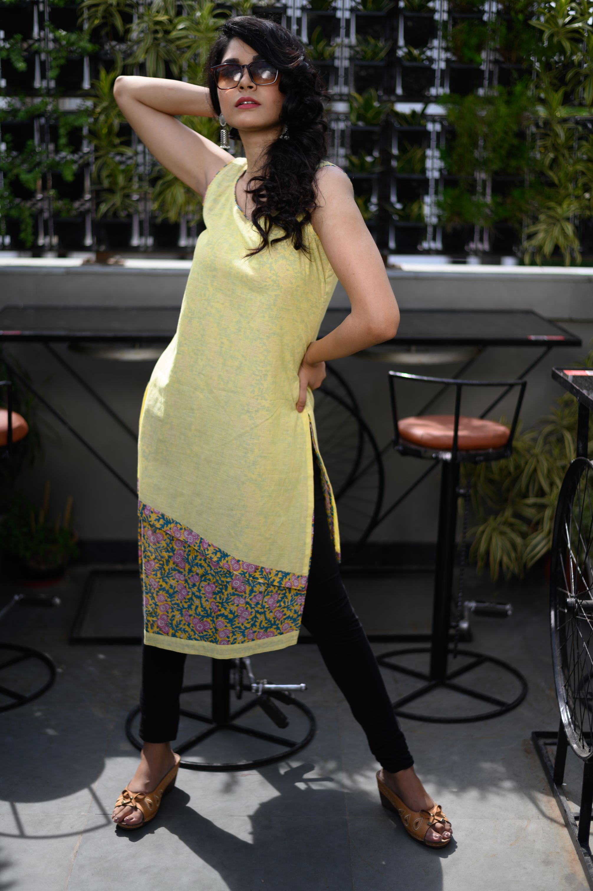 Lemon Green Floral Dress/Kurta - NamegStore