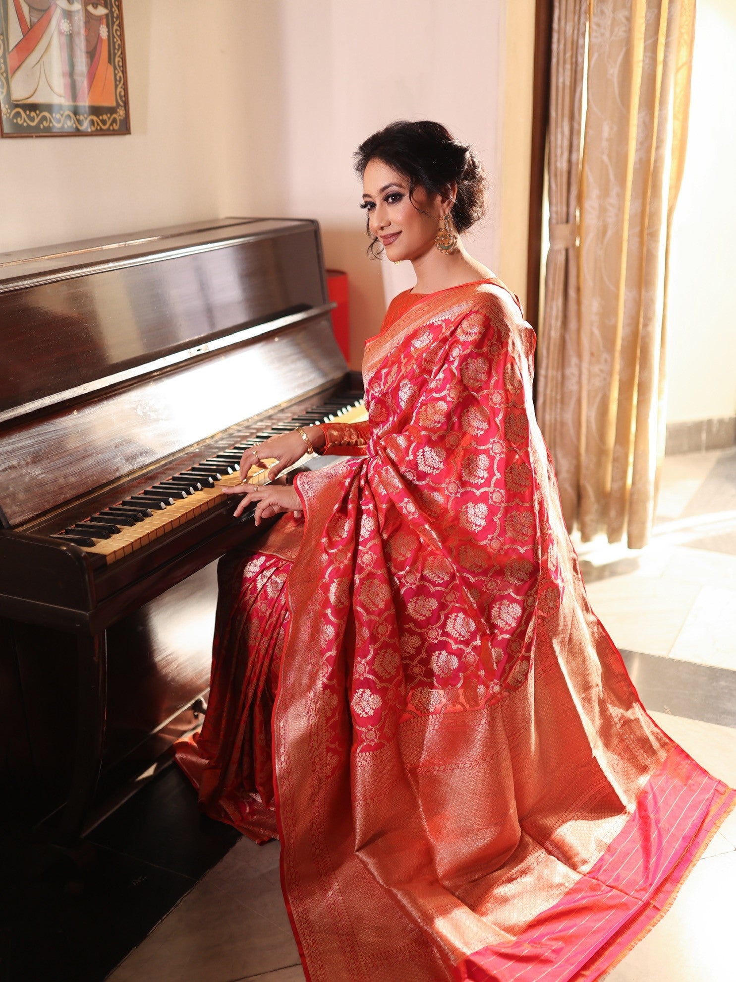 Banarasi saree at the piano