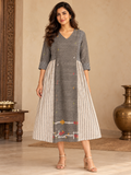 Grey Jamdani cotton midi dress with black and white gingham check panels, cream stripes and colourful traditional-inspired motifs.