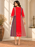 Red Jamdani cotton midi dress with multicoloured Madras check panels, striped accents and three-quarter sleeves.