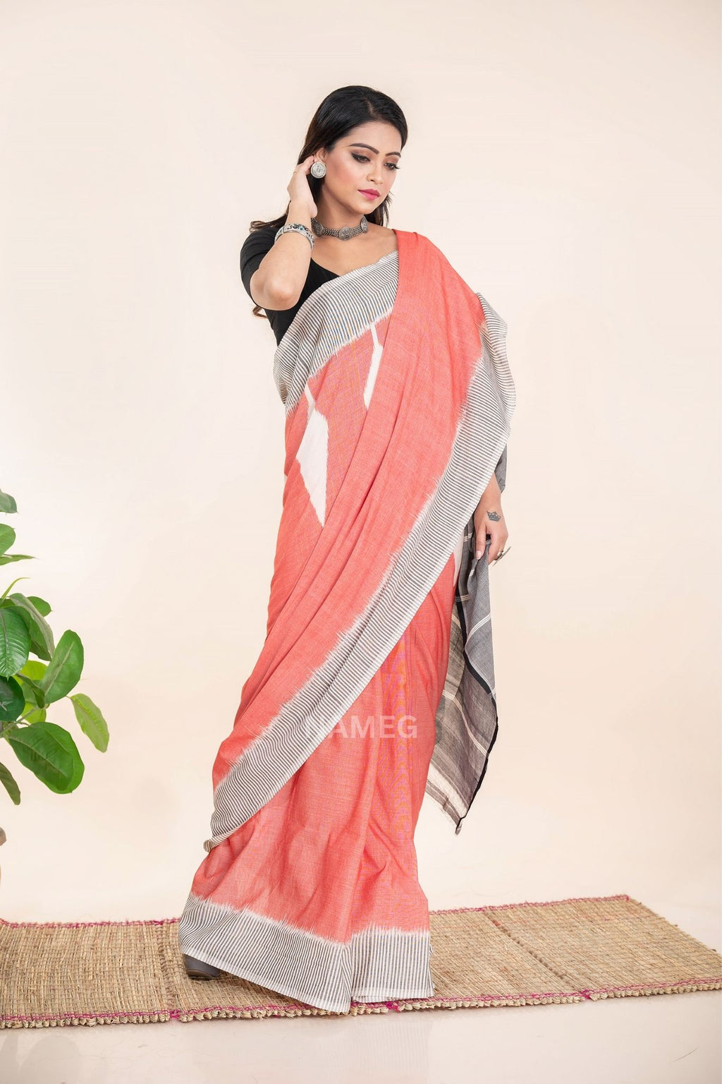 Peach Ikkat Cotton Saree