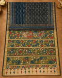 Hand-Painted Kalamkari Chanderi Silk Saree | Blue & Green