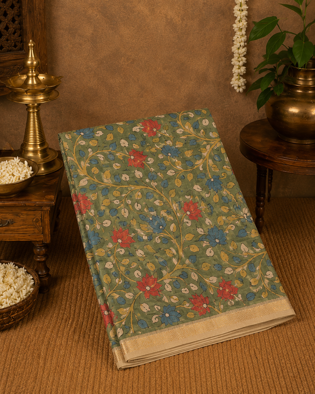 Hand-Painted Kalamkari Chanderi Silk Saree | Blue & Green