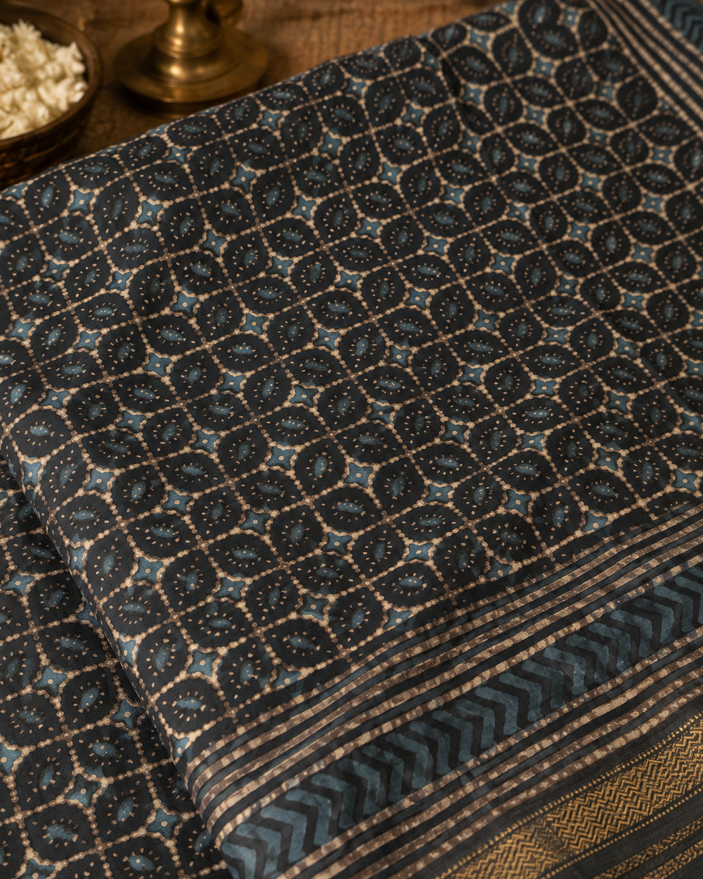 Hand-Painted Kalamkari Chanderi Silk Saree | Blue & Green