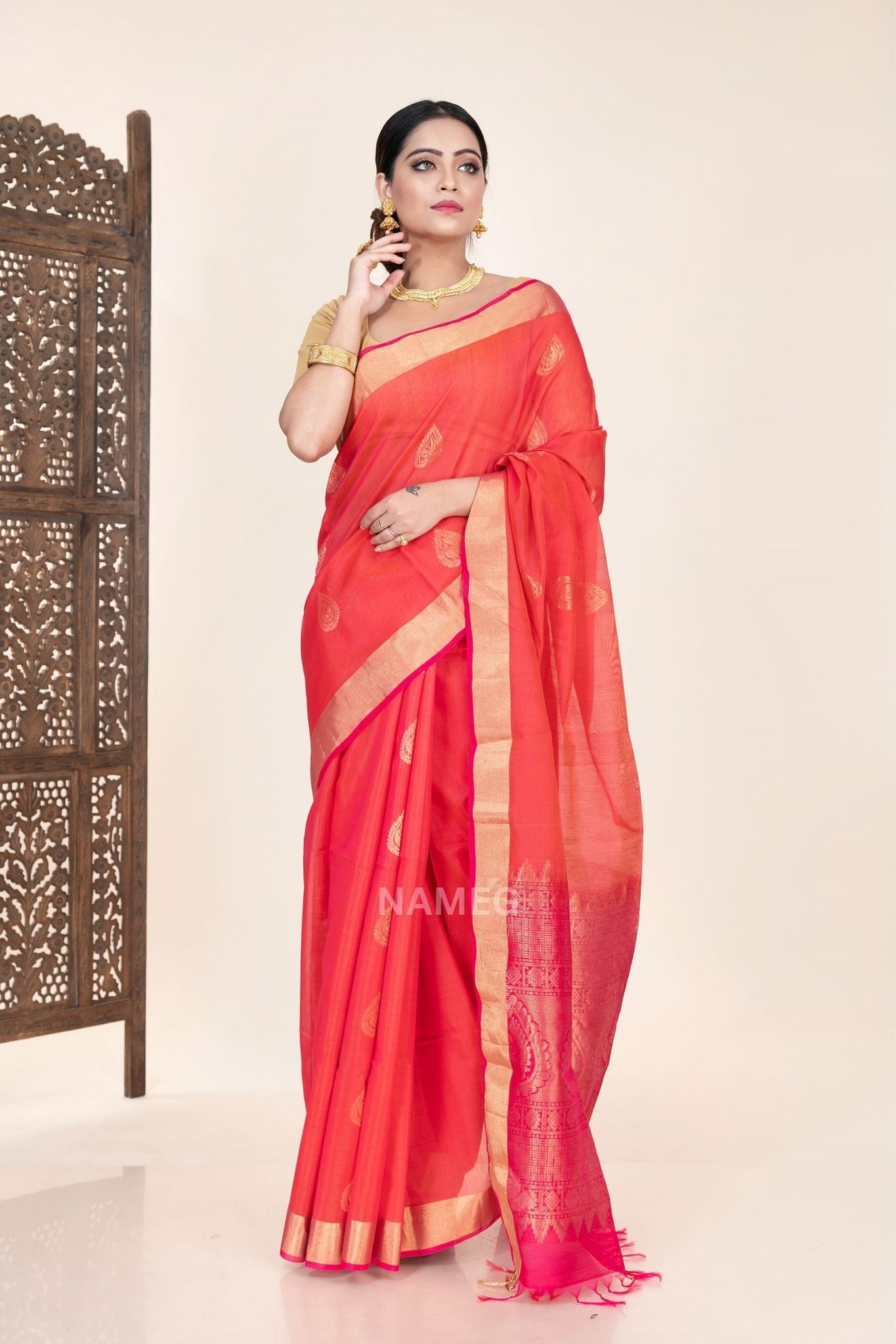 Stunning Red Cotton Silk Saree