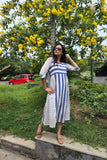 Gracious White with Blue Stripes Jamdani Dress