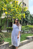 Gracious White with Blue Stripes Jamdani Dress