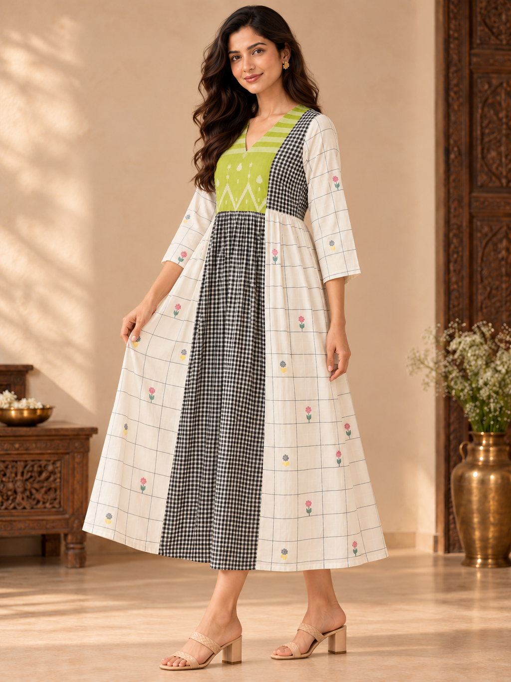 Green yoke Jamdani cotton midi dress with black and white checked centre panel, ivory grid-print sides and floral motifs.