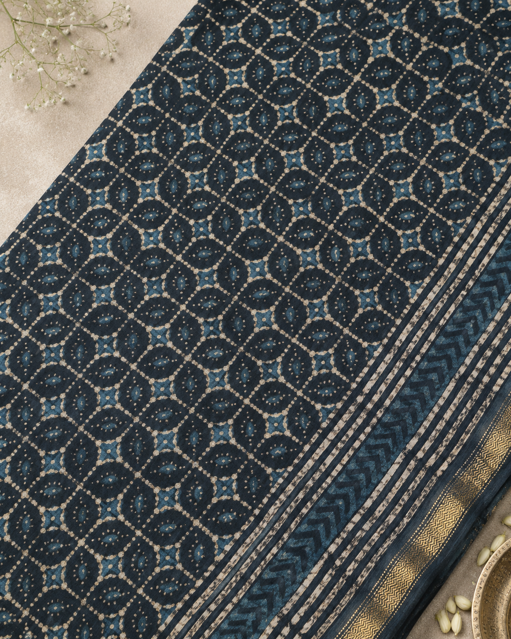 Hand-Painted Kalamkari Chanderi Silk Saree | Blue & Green