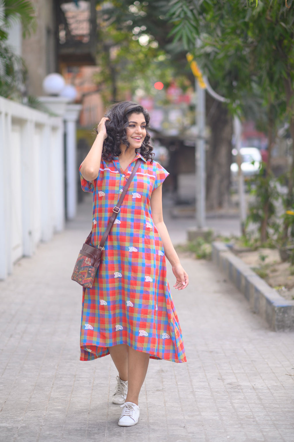 Red & Green Cotton Checked Japi Loose Style Dress