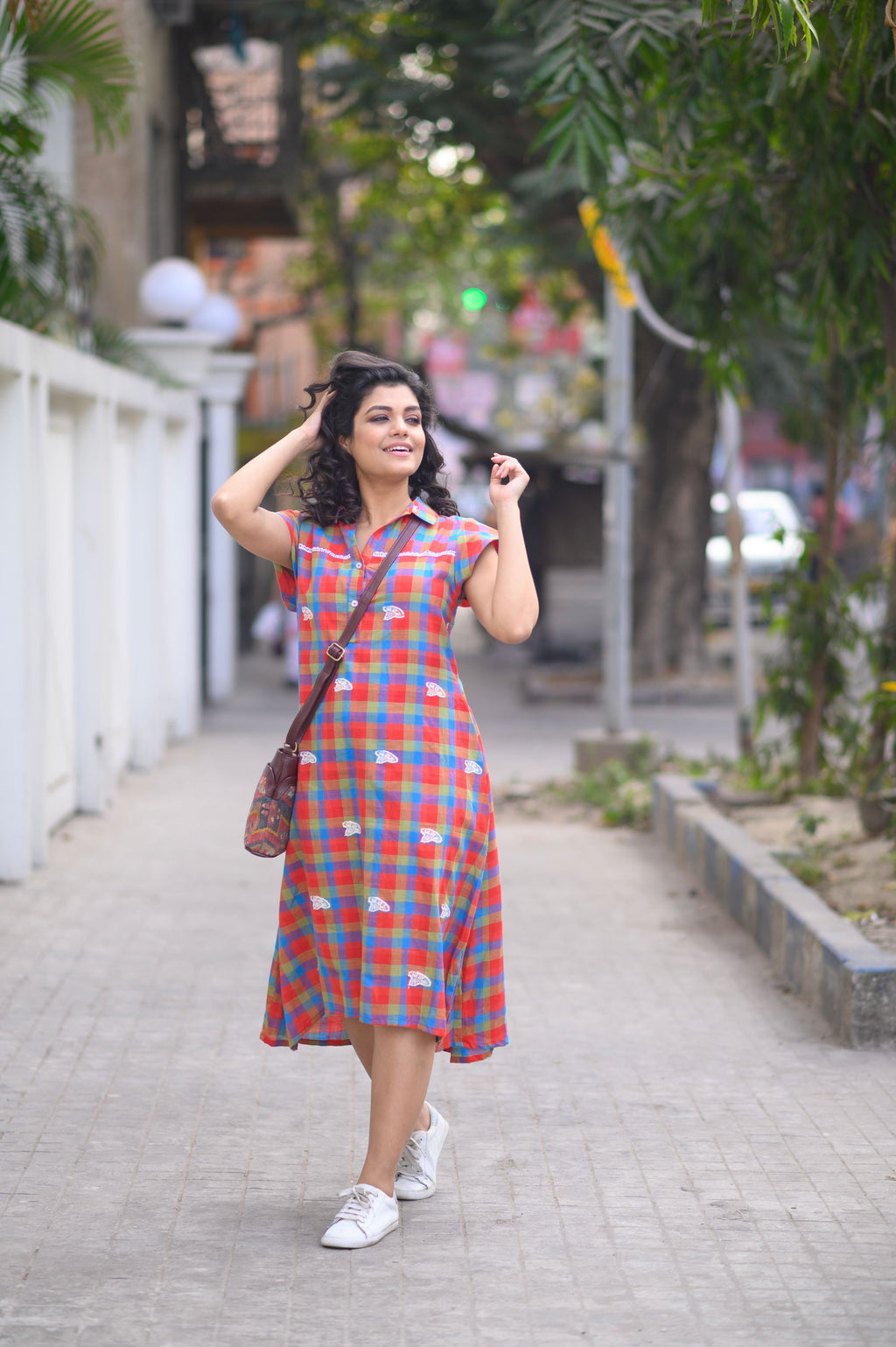 Red & Green Cotton Checked Japi Loose Style Dress