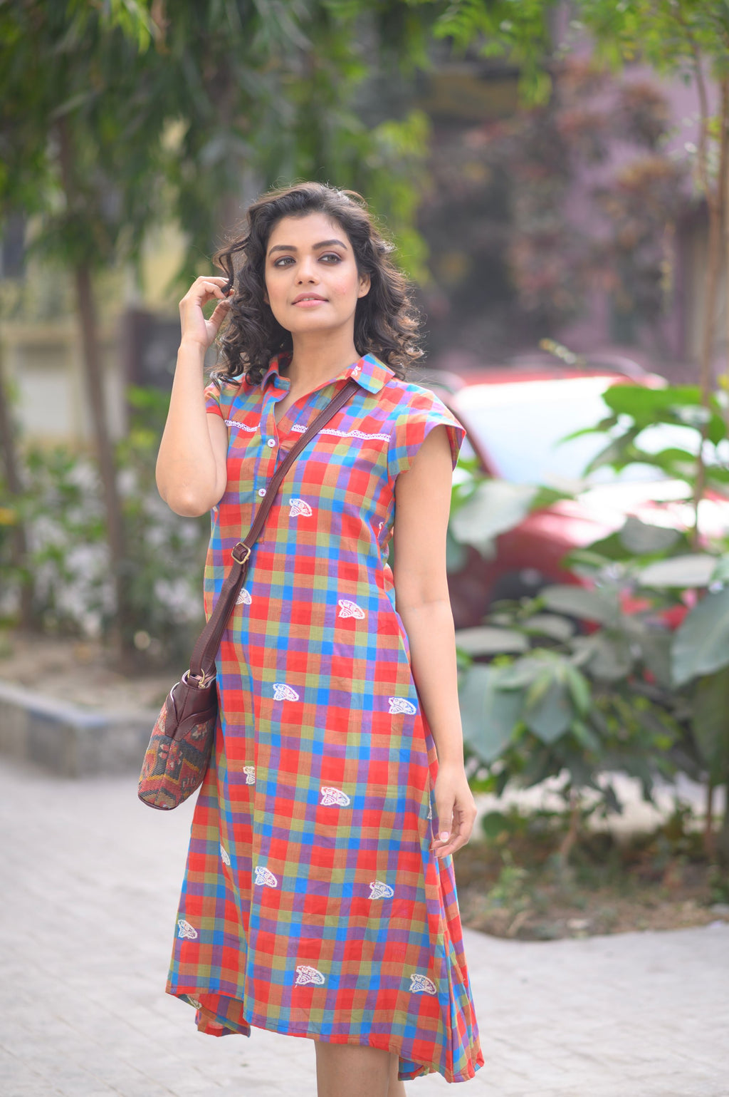 Red & Green Cotton Checked Japi Loose Style Dress