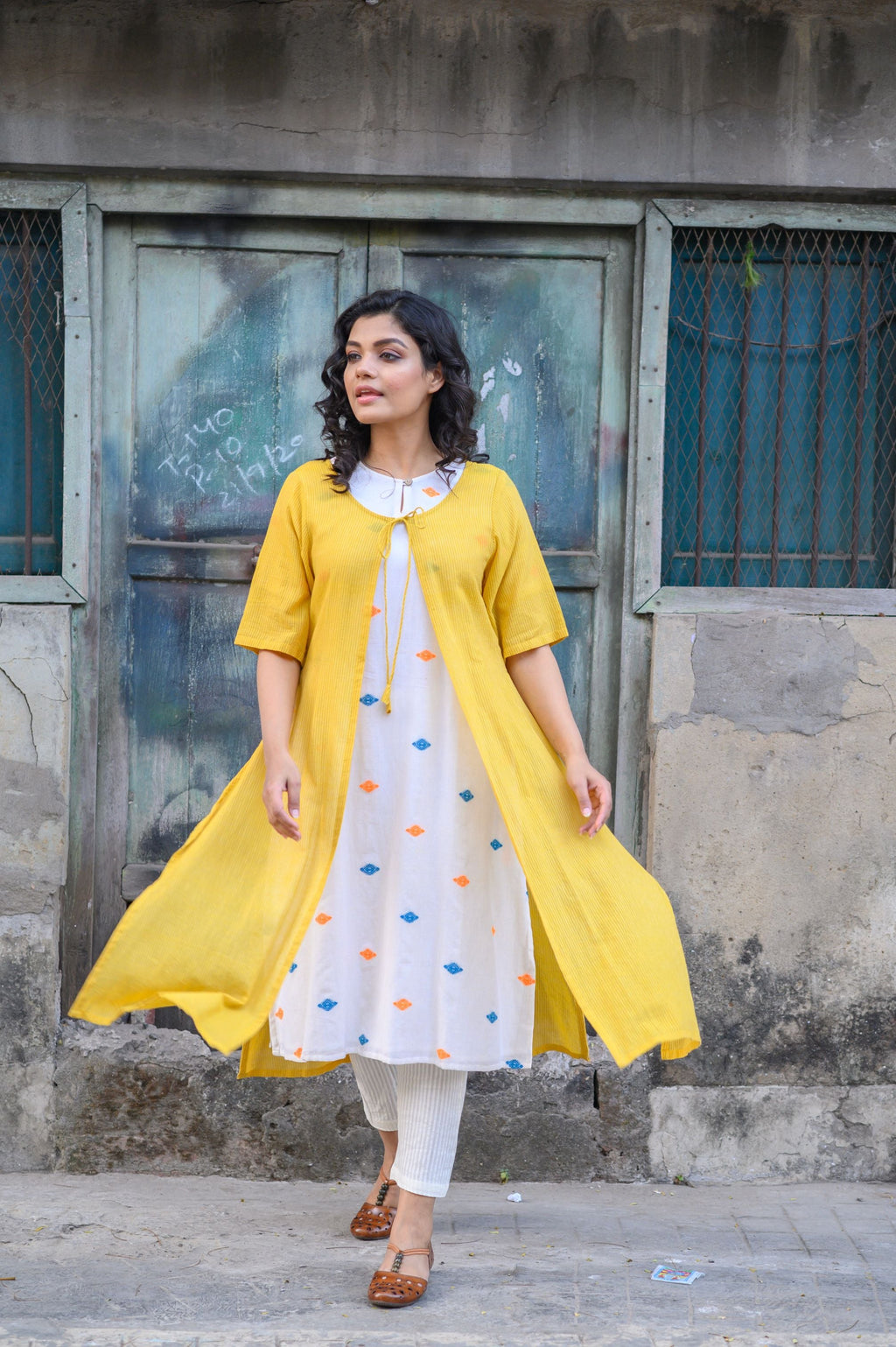 White Handloom Cotton Kurta with Yellow Shrug