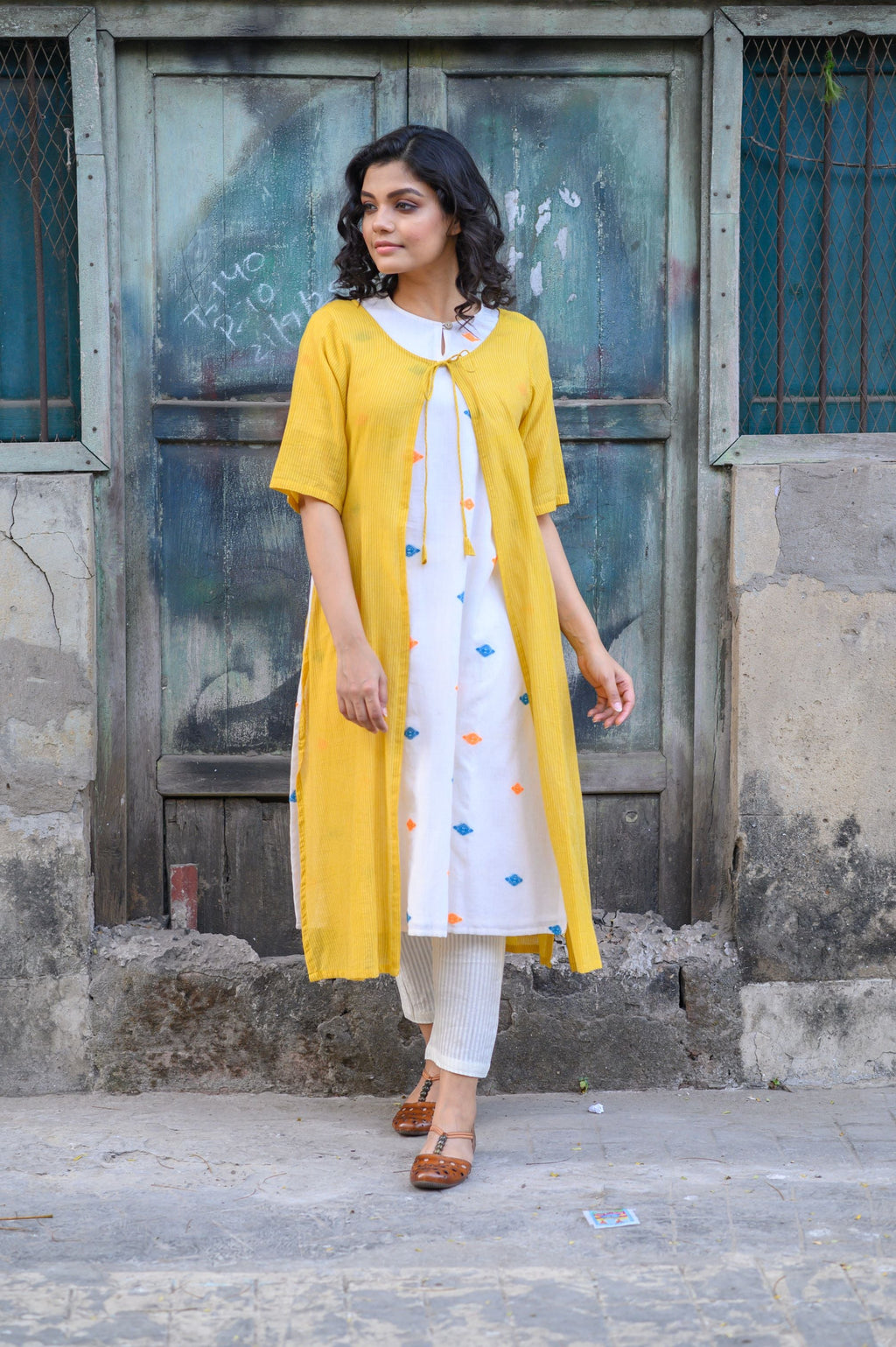 White Handloom Cotton Kurta with Yellow Shrug