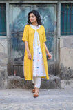 White Handloom Cotton Kurta with Yellow Shrug