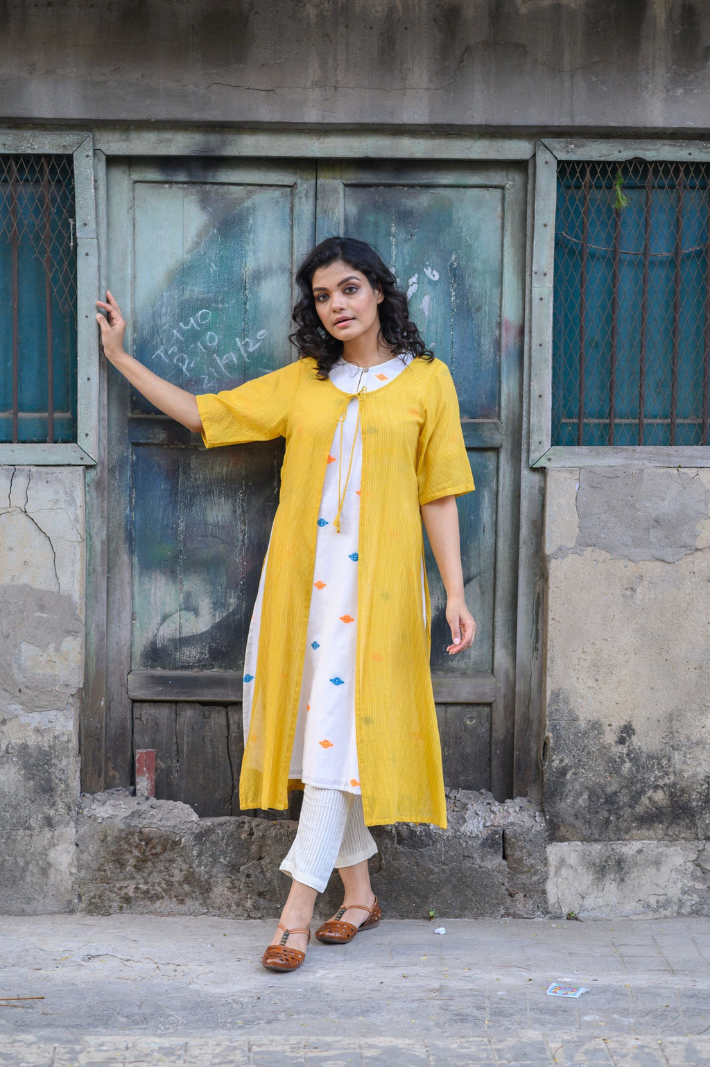 White Handloom Cotton Kurta with Yellow Shrug