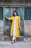 White Handloom Cotton Kurta with Yellow Shrug