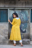 White Handloom Cotton Kurta with Yellow Shrug