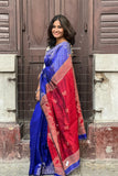 Bright Blue & Red Matka Silk Saree