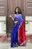 Bright Blue & Red Matka Silk Saree