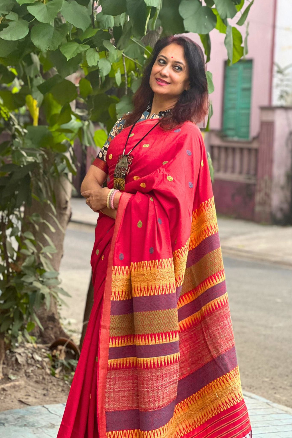 Red Eri & Mulberry Silk Handwoven Saree
