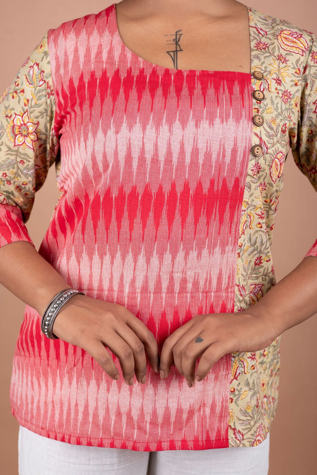 Elegant Block Cotton Printed & Ikkat Fusion Top