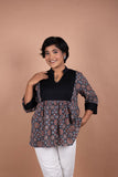 Black Ajrakh Cotton Top with Handloom Yoke Fusion