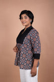 Black Ajrakh Cotton Top with Handloom Yoke Fusion