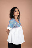 Off-White Handloom Cotton Top with Blue Printed Yoke