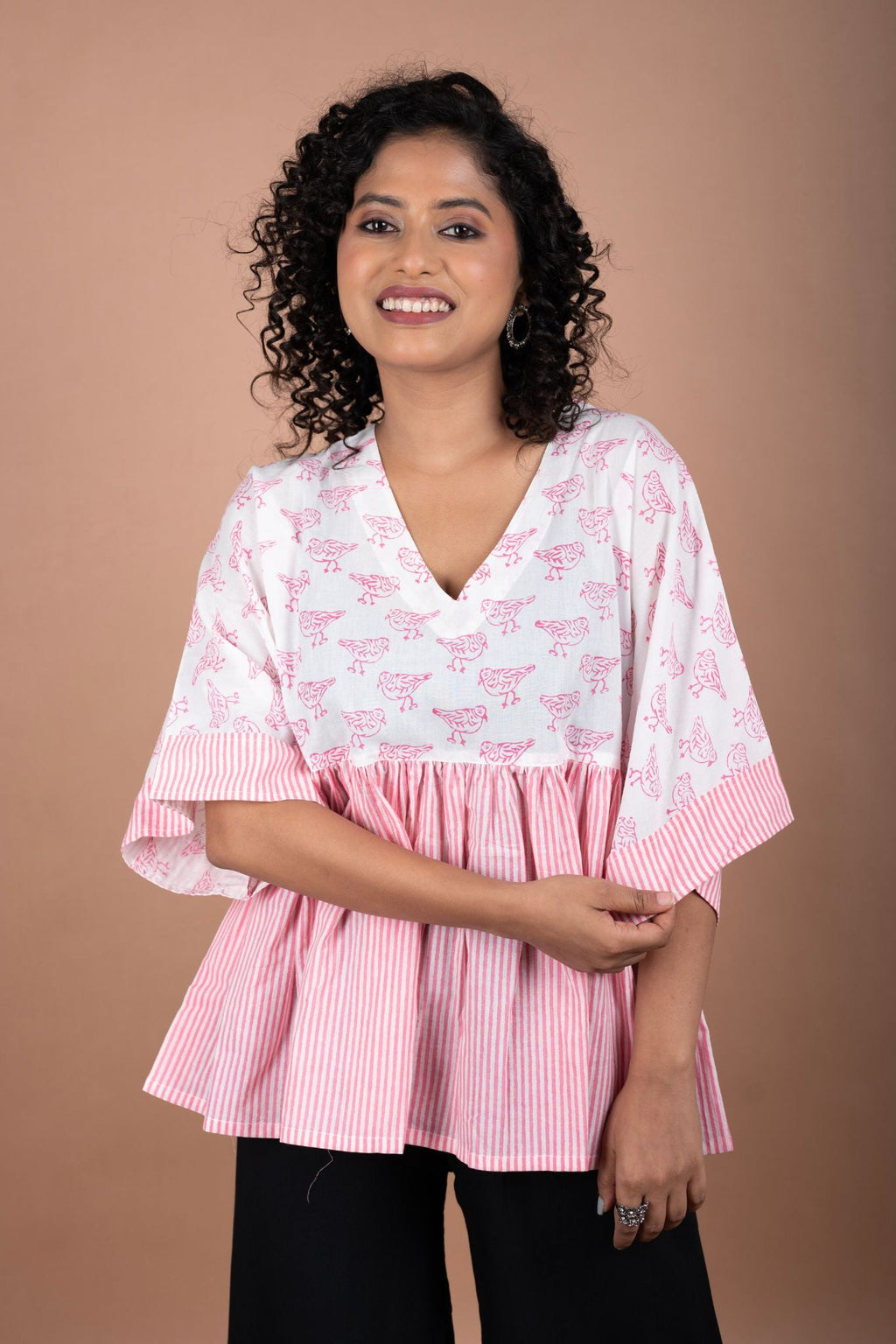 Pink Striped Flared Cotton Top with White Block Printed Yoke