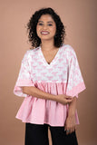 Pink Striped Flared Cotton Top with White Block Printed Yoke