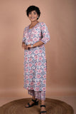 Blue & Pink Cotton Handblock Print Kurta & Pants Set