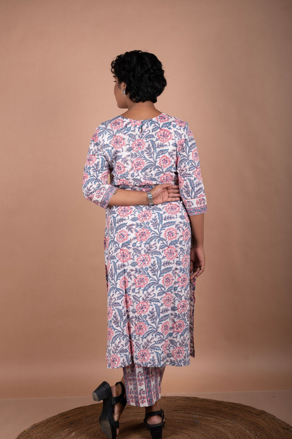 Blue & Pink Cotton Handblock Print Kurta & Pants Set