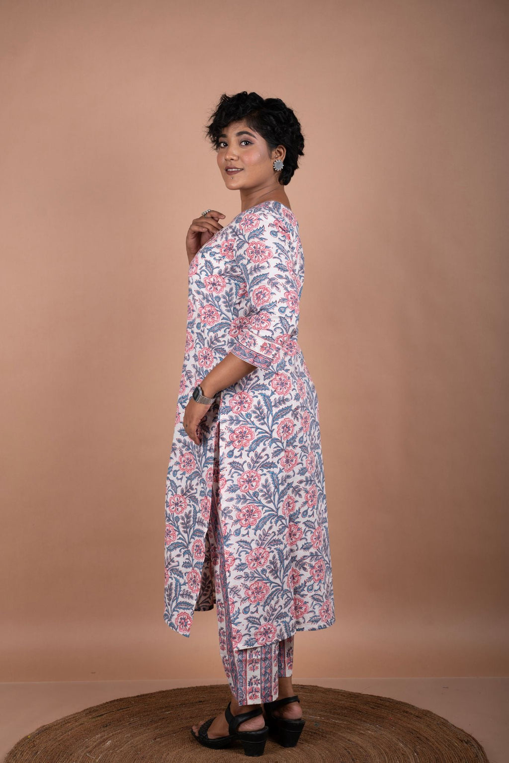 Blue & Pink Cotton Handblock Print Kurta & Pants Set