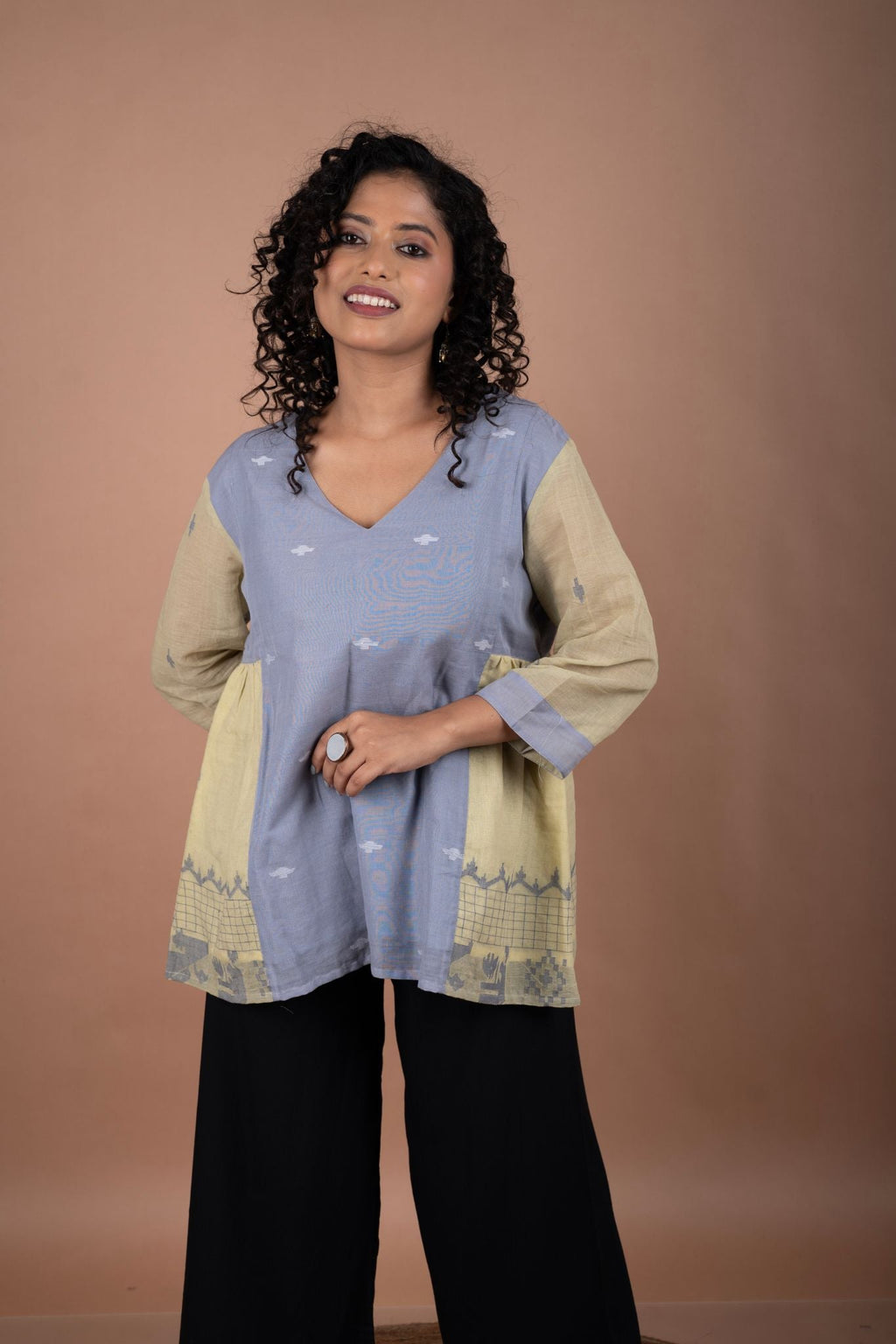 Grey & Green Cotton Jamdani Top