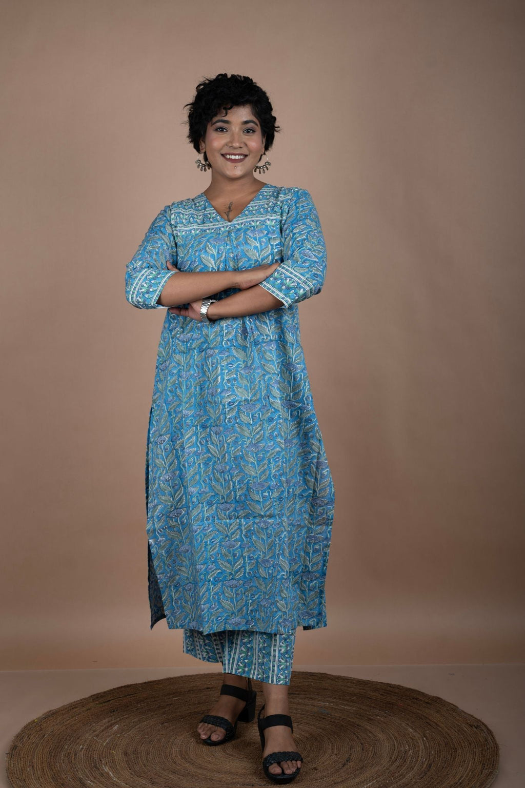 Blue & Green Cotton Block Printed Kurta & Pant Set